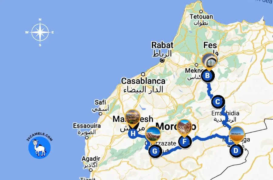 5 Days Tour from Fes to Marrakech via Merzouga Desert Map