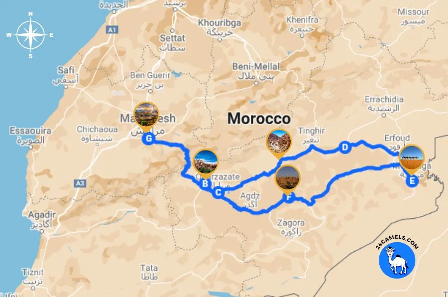 Map of 4-Day Luxury Sahara Desert Tour from Marrakech